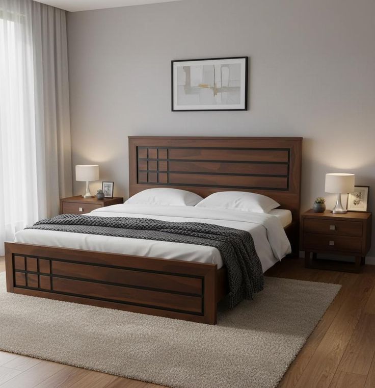 Queen size wooden bed with side drawers